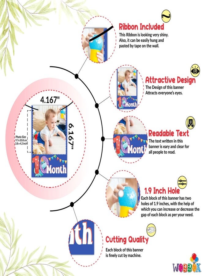 WOBBOX Photo Banner Dino Theme 1 to 12 Month Banner, Photo Banners for First Birthday, Photo Banner New Born to 12 Months - Image 2